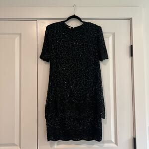 Vintage Brilliante by J.A. Silk Beaded Formal Dress Black Sequins Size Small‎